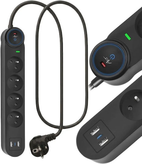 Art Захранваща Лента 4 Порта с 2 USB-A, USB-C и Кабел 1.5м