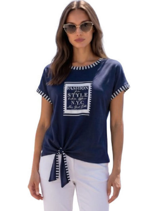 Derpouli Women's Short Sleeve Striped Blue Blouse