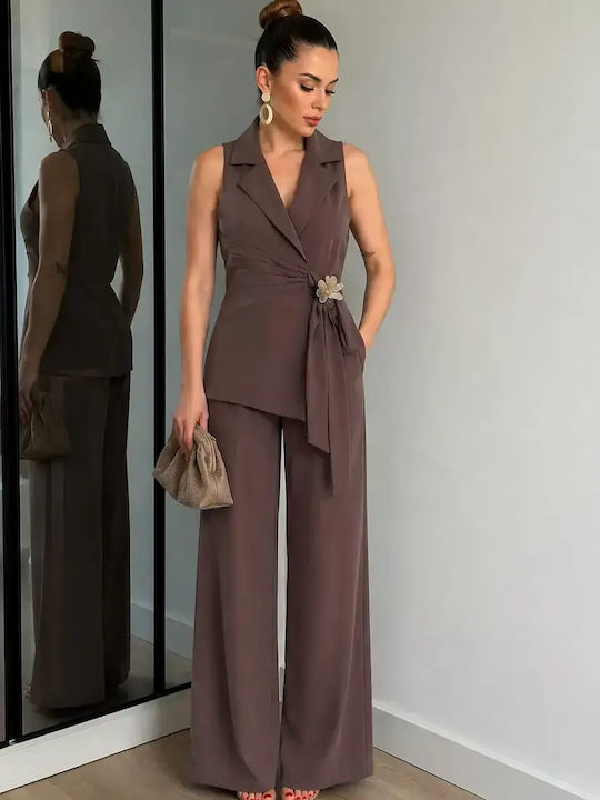 Damen Braune-Lila Satz mit Hochgebirge Gummiband Pantolon
