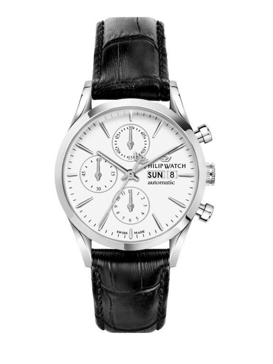 Philip Watch Ceas bărbătesc 39mm cu baterie și curea din piele neagră