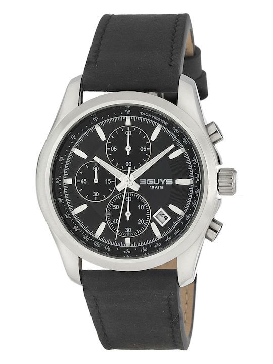 3Guys Men's Watch 44mm Chronograph Battery with Black Leather Strap