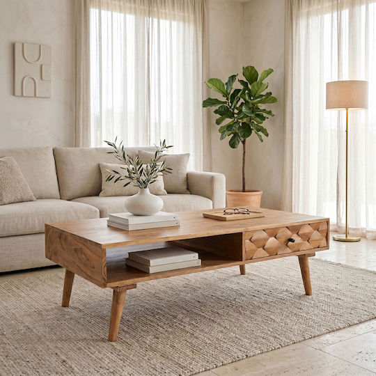 Rectangular Central Coffee Table Kaldio Made of Solid Wood with Drawers Natural Colour W120xD60xH40cm