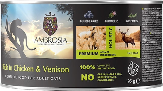 Ambrosia Wet Cat Food for Adult Cats with Chicken, Deer and Salmon Grain Free 195gr