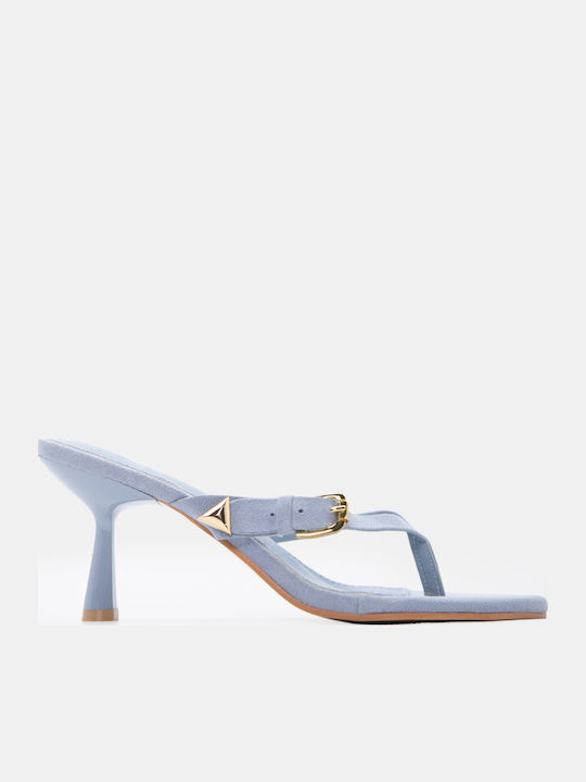 Suede Mules με Ψηλό Τακούνι σε Γαλάζιο Χρώμα
