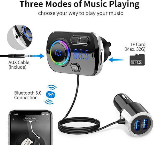 Bluetooth 5.0 FM Transmitter Car Charger USB RGB Lighting