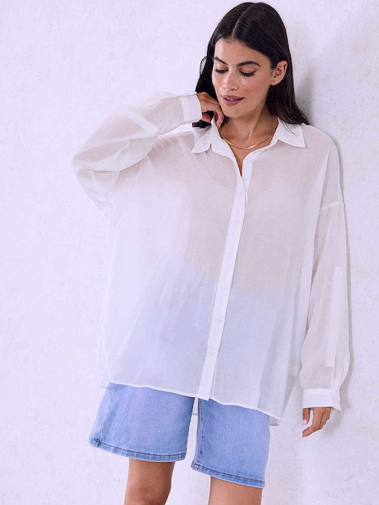Celestino Women's Kaftan Shirt Semi-Sheer Loose Fit White