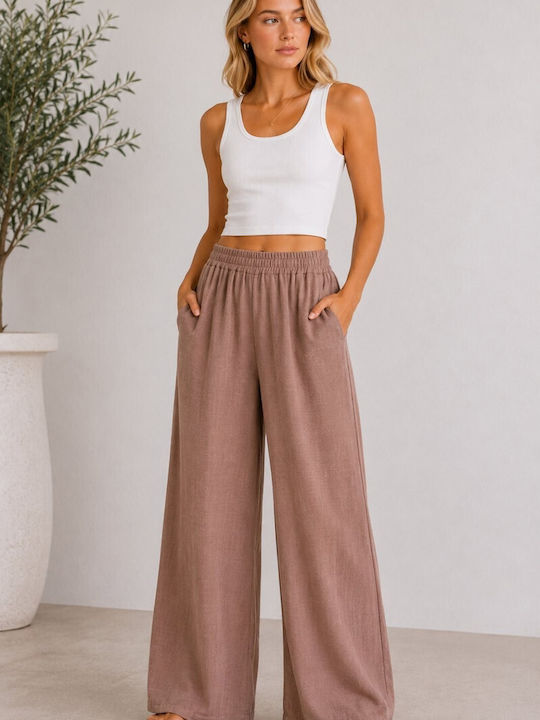 Women's High Rise Pantaloons with Rubber Band in Loose Fit Brown