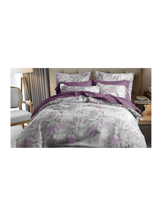 Bed Sheet Set With 2 Pillowcases Super King Size With Rubber Hugger 160x260cm Floral Grey-Lilac (3 Pieces)