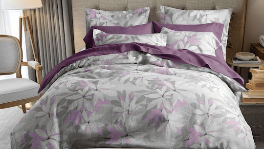 Bed Sheet Set With 2 Pillowcases Super King Size With Rubber Hugger 160x260cm Floral Grey-Lilac (3 Pieces)
