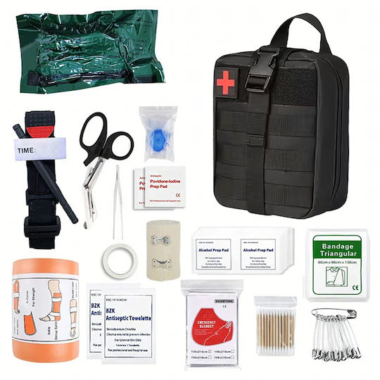 Kit de Supraviețuire Zola Foarfecă Pensetă Bandaje Garou Comprese Pătură Termică Sistem de Atașare Molle Impermeabil 20 × 15 × 11 Cm Negru