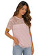 Women's Blouse with Lace & Mesh Pink