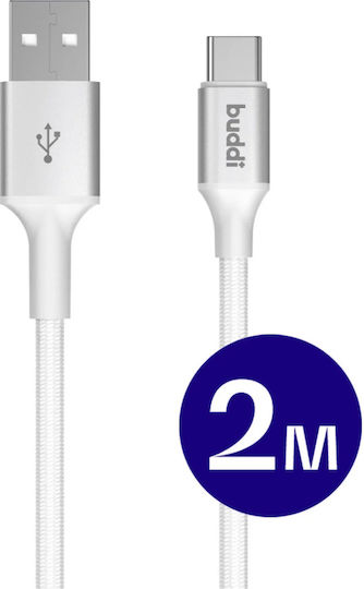 Buddi Гъвкав кабел USB-C мъжки - USB-A 12W Бял 2m