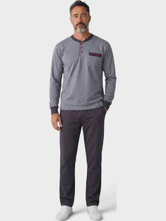 Men's Pyjama Fleece Collection Button Placket & Pocket Grey Cl2710-2-Grey