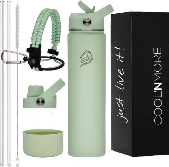 Cool'NMore Thermos Bottle Stainless Steel BPA Free 750ml Mint with Straw, Handle, Loop and Mouthpiece