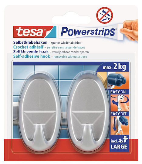 Tesa 58050-00100-00 Κρεμαστράκια με Αυτοκόλλητο Πλαστικά Ασημί 2τμχ