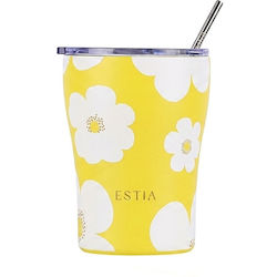 Estia Coffee Mug Save The Aegean Thermos Stainless Steel BPA Free 350ml Yellow Daisy with Straw