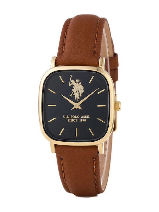 U.S. Polo Assn. Γυναικείο Ρολόι Μπαταρίας με Καφέ Δερμάτινο Λουράκι