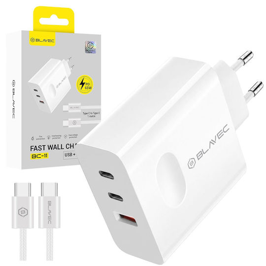 Blavec GaN Зарядно Устройство С USB-A Порт И 2 USB-C Порта И USB-C - USB-C Кабел 65W Power Delivery / Quick Charge 3.0 Бял (BC-11)