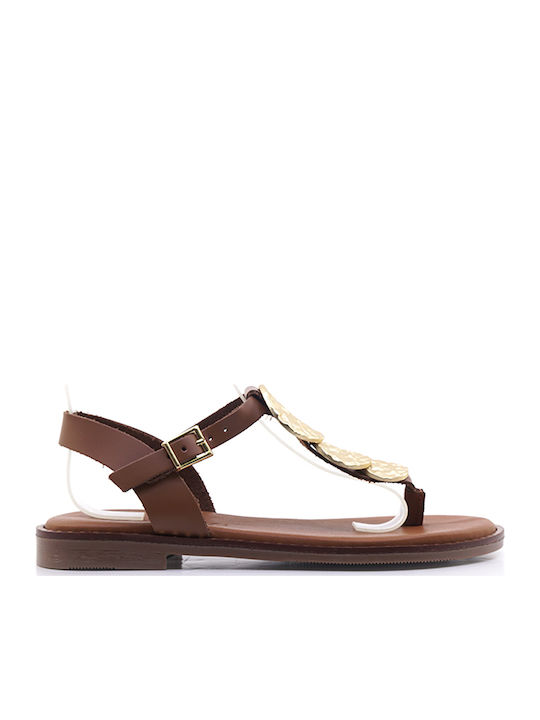 Leather Women's Flat Sandals Tabac Brown