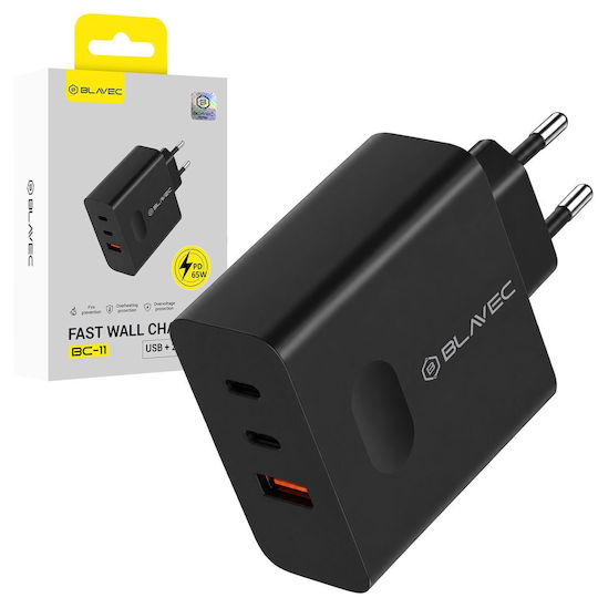 Blavec GaN Зарядно Устройство Без Кабел с USB-A Порт и 2 USB-C Порта 65W Power Delivery / Quick Charge 3.0 Черен (BC-11)