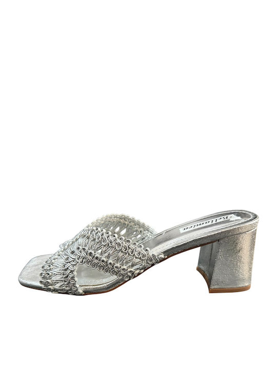 Mules with Chunky Low Heel in Silver Colour