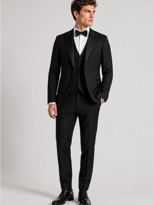 Winter Men's Groom's Suit with Vest Slim Fit Black