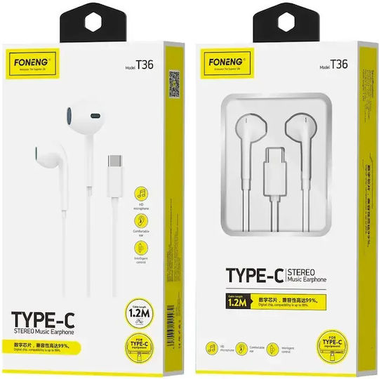 Foneng Wired In-ear Headphones Foneng T36 Usb-c Microphone 1.2m White