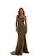 Summer Maxi Evening Satin Dress with Mesh Olive