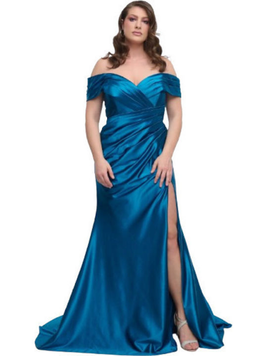 Maxi Βραδινό Φόρεμα Strapless Σατέν Κρουαζέ με Σκίσιμο Μπλέ