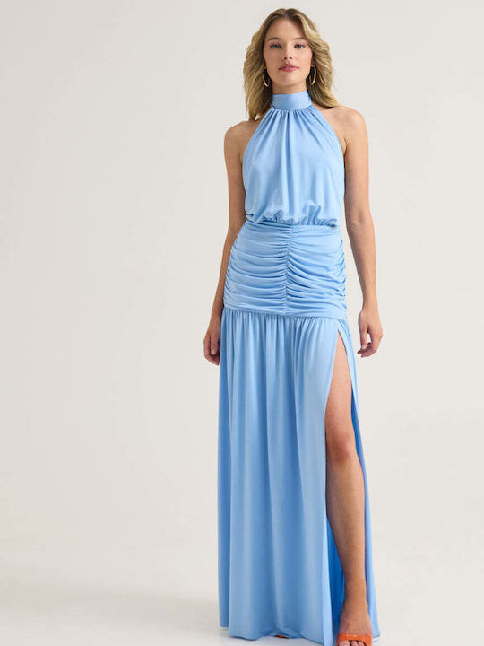 Summer Maxi Slip Dress with Tearing Light Blue