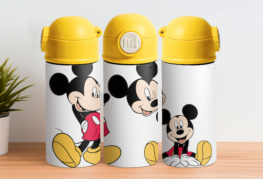 Kids Water Bottle Thermos Mickey Stainless Steel With Straw Yellow 360ml Personalized