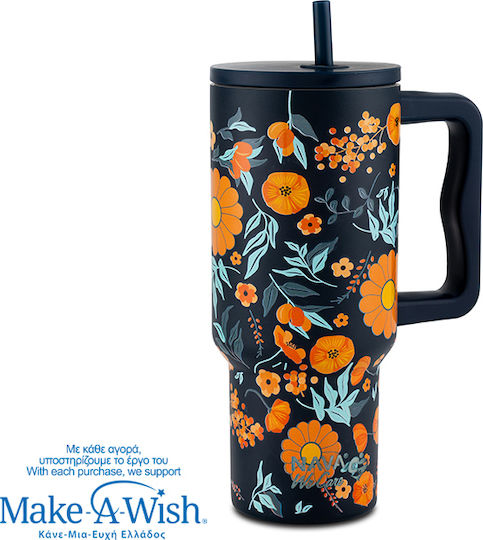 Nava "we Care" Handled Tumbler Thermos Stainless Steel / Plastic 900ml Dark Blue Floral with Straw and Handle