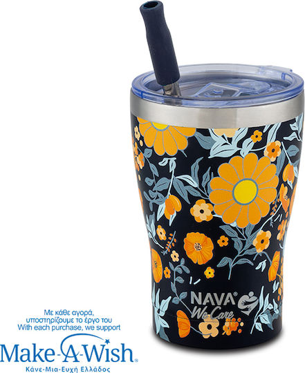 Nava "we Care" Thermos Stainless Steel Cup 400ml Dark Blue Floral with Straw