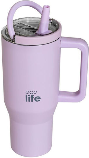 Ecolife Рециклируема Чаша с Дръжка Термос Неръждаема Стомана Без BPA 900ml Лилав с Сламка и Дръжка