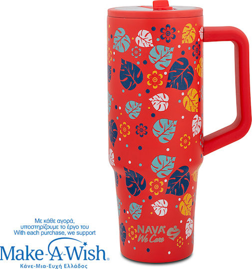 Nava "we Care" Handled Tumbler Thermos Stainless Steel / Plastic BPA Free 900ml Aloha with Straw and Handle