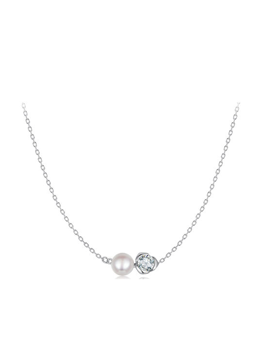 Daskalakis Necklace With Heart Design In Silver With Pearls & Diamond