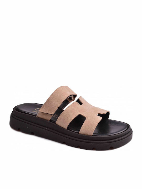 Leather Women's Flat Sandals Beige