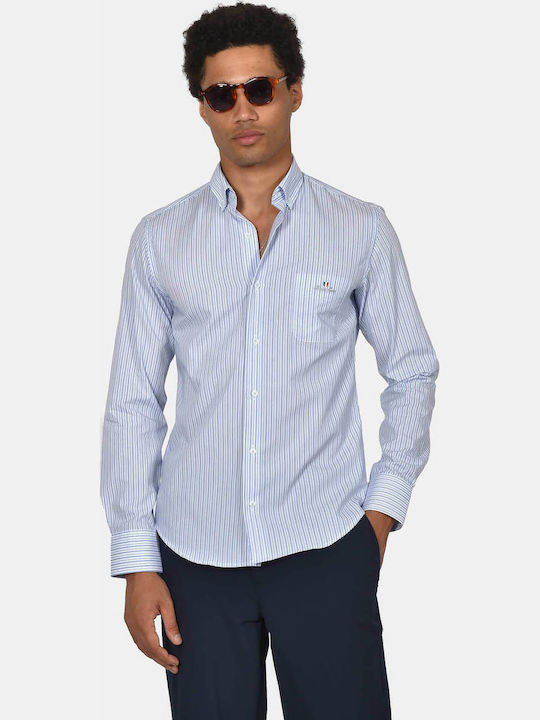 Long Sleeve Cotton Shirt in Regular Fit Striped Light Blue