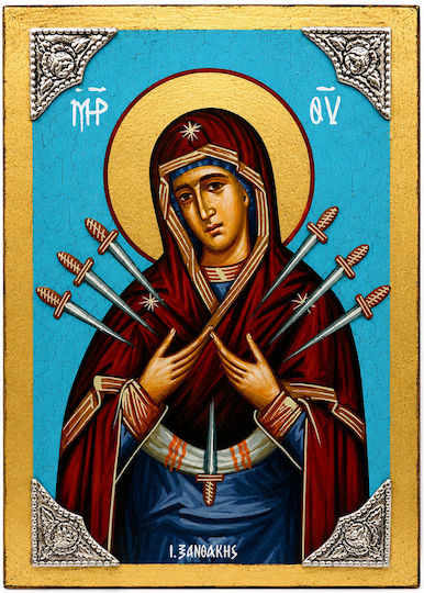 Maica Domnului Eptaspati Handmade Icoană Ortodoxă Argint 925° P-87638