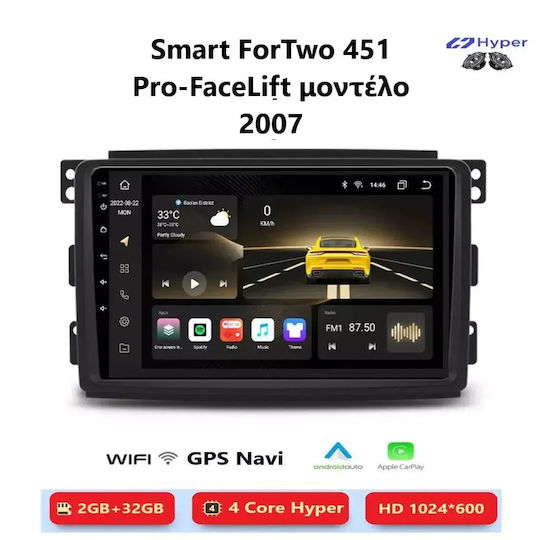 Hyper Sistem Audio Auto Pentru Smart ForTwo 2007 Bluetooth USB Wi-Fi GPS Apple CarPlay Android Auto Cu Ecran Tactil 9
