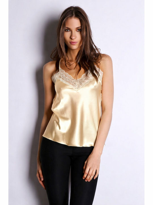 Women's Crop Satin Drape Top with Spaghetti Straps Gold