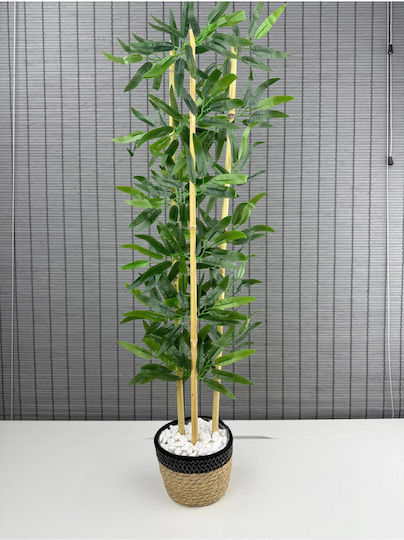 Stewehome Decorative Wicker Bamboo Tree Artificial Leaves Wicker Sea Grass Black Cotton Pot 3 Trunks Black 16x12x81 Cm