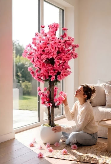 Stewehome Artificial Pink Japanese Spring Tree Natural Wooden Trunk Plastic Sphere Pot White 27x33x81 Cm