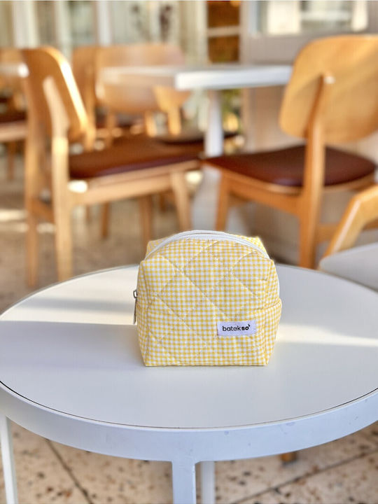 Enpapa Small Makeup Bag Yellow Checkered Pattern Jute Yellow 13x13x9 Cm