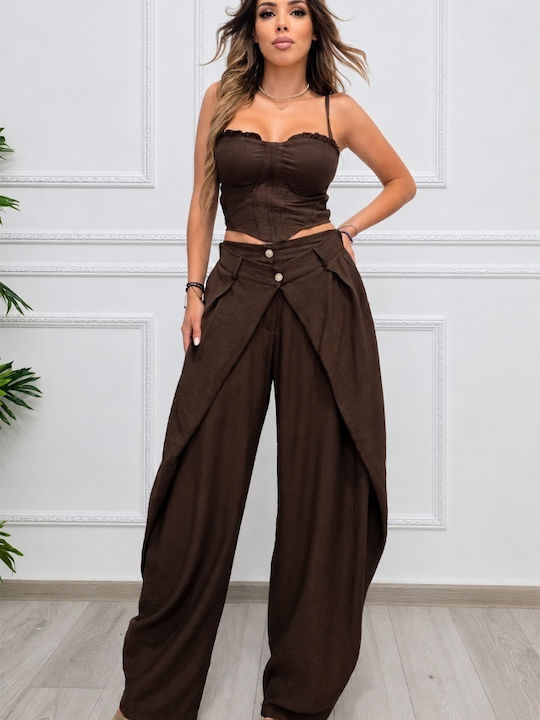 Pantaloni Dama Set Maro Ciocolatiu Cu Pantaloni În Fit Relaxed Cu Dungi