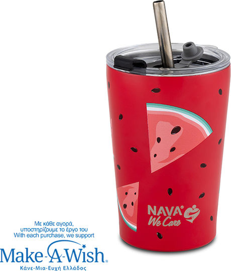 Nava "we Care" Thermos Glass Stainless Steel / Plastic BPA Free 350ml Watermelon with Straw