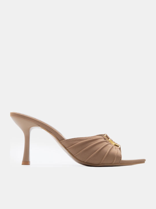 Luigi Satin Mules With High Heel In Beige Colour