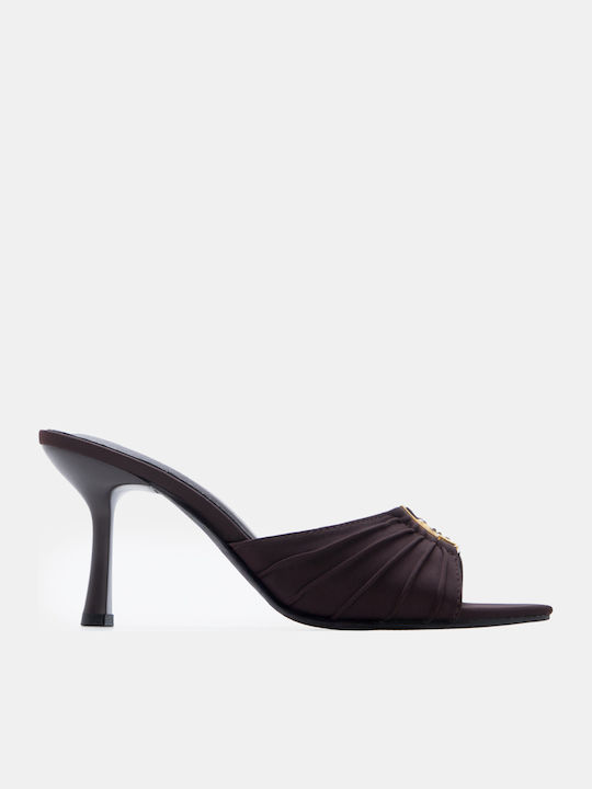 Luigi Satin Mules With High Heel In Brown Colour