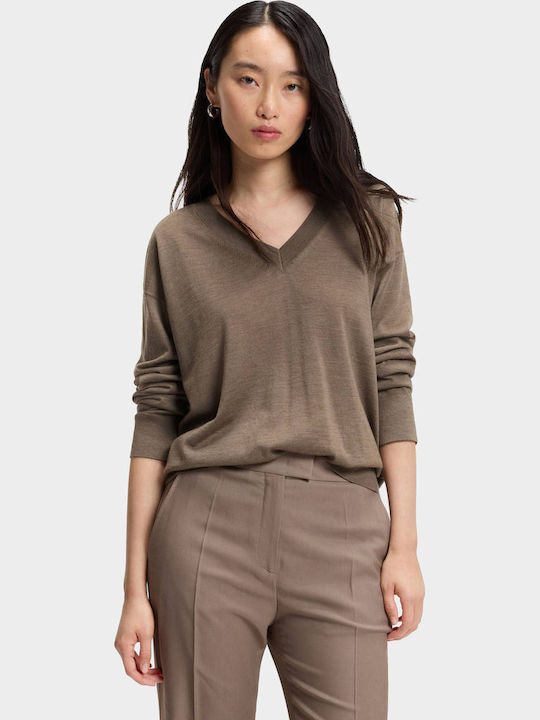 Damen Pullover Wolle mit V-Ausschnitt Hellbraun