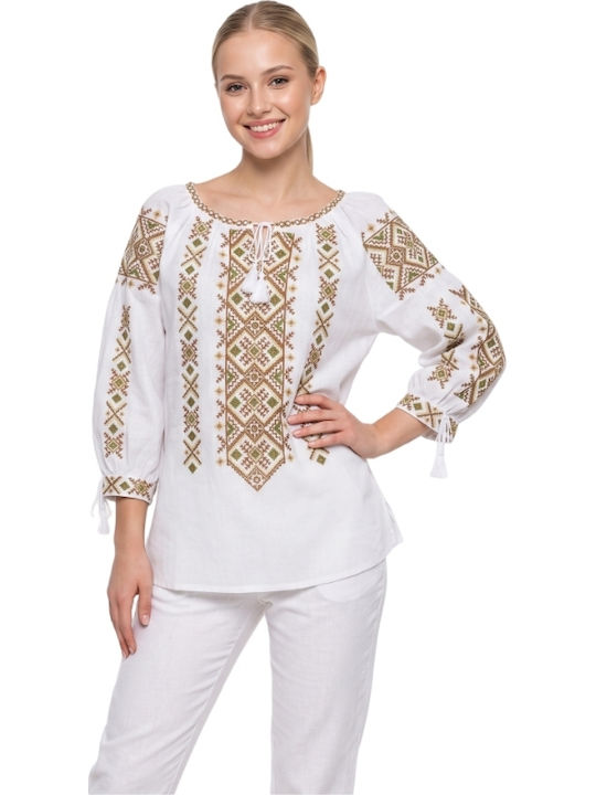 Bluza Damă Bumbac Mânecă Lungă Alb/Portocaliu